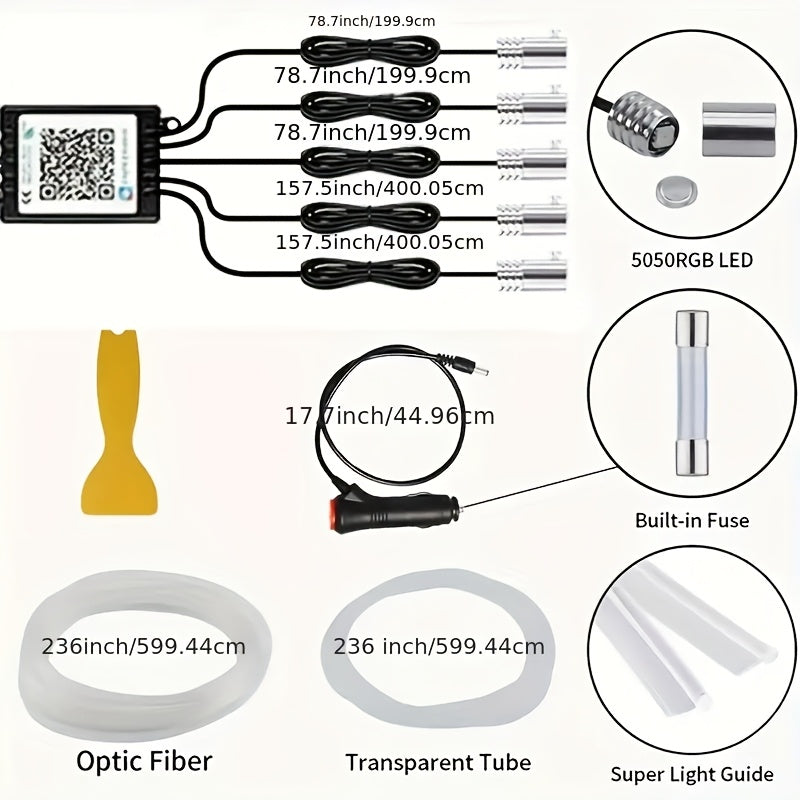 236 Inch RGB 5-in-1 Ambient LED Strip Light Kit, App Controlled 16M Colors, Music Sync, 12V Cigar Lighter Powered, Fiber Optic Cable for Car Interior