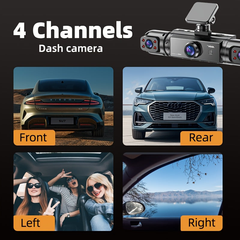 Dash Cam 360° Panoramic 3/4 Lens – 1080P HD Front + 720P Rear Left Right, Quad-Split Screen, Night Vision, G-Sensor, Loop Recording, WDR Car Camera