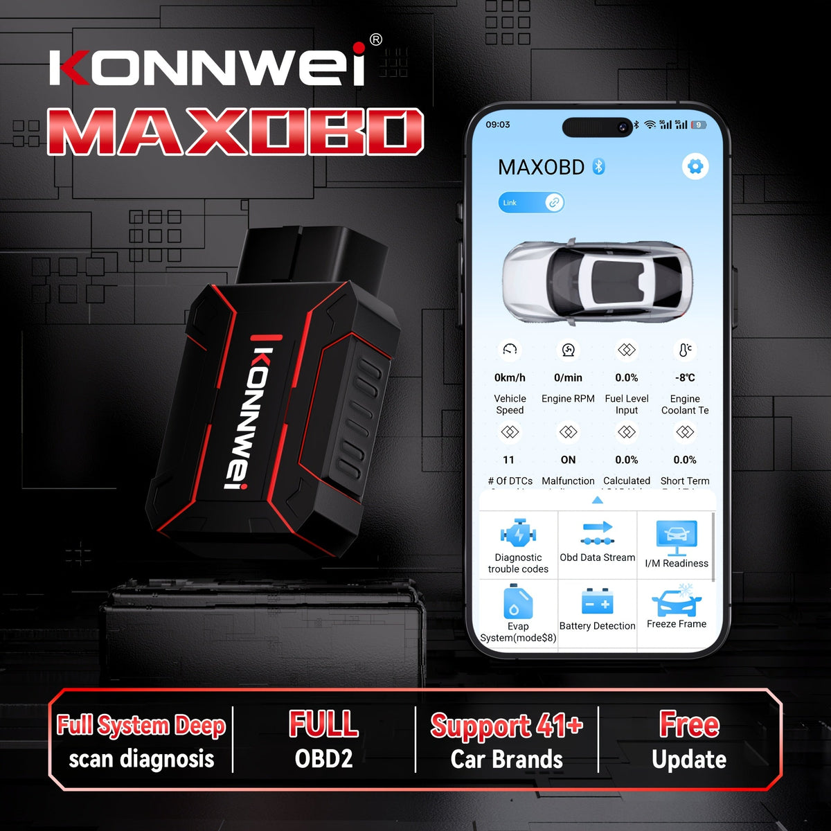 MAXOBD Bluetooth 5.2 OBD2 Scanner Full System Diagnostic Tool, 41+ Data Streams Live Data Read/Clear Codes, for iOS & Android, 1996+ Vehicles