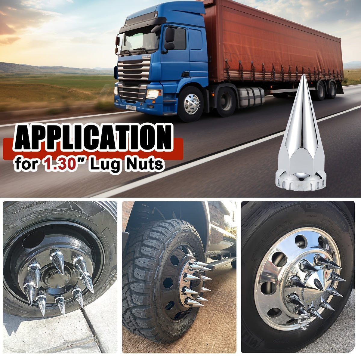 Spike Lug Nut Covers 33mm – Chrome ABS Screw-On Pointed Caps for Semi Trucks & Hub-Piloted Wheels, 60-Pack
