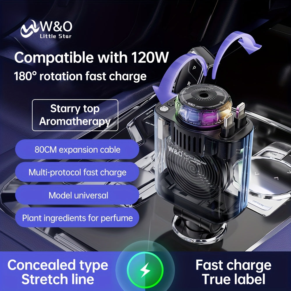 3-in-1 Car Charger Air Freshener & Starry Sky Ambient Light – Retractable Type-C & Lightning Cable, Aromatherapy Diffuser, USB Adapter for iPhone & Android