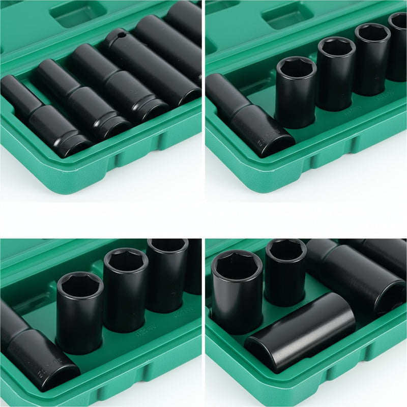 1/2-Inch Drive Deep Impact Socket Set – Chrome Vanadium Steel, Pneumatic & Electric Drill Compatible, Tire Removal & Auto Repair, with Green Storage Case (15 or 20 Piece)