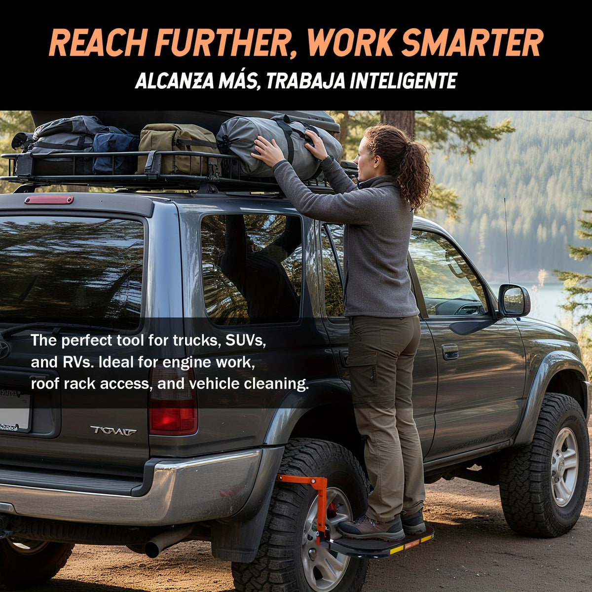 Tire Step Ladder for Truck SUV – Foldable Anti-Slip, Adjustable Height, 300/650 Lbs Capacity, Fits Tires Up to 13.5" Wide, Telescopic Roof Rack Climbing Step for Trailer Pickup