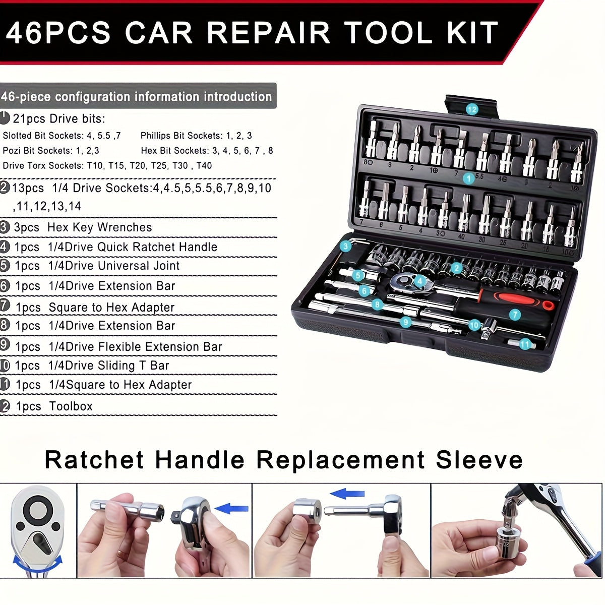 Tool Set 46 & 53 Piece – 1/4", 3/8" & 1/2" Drive Ratchet Wrench Kit for Automotive, Bicycle & Home Repair