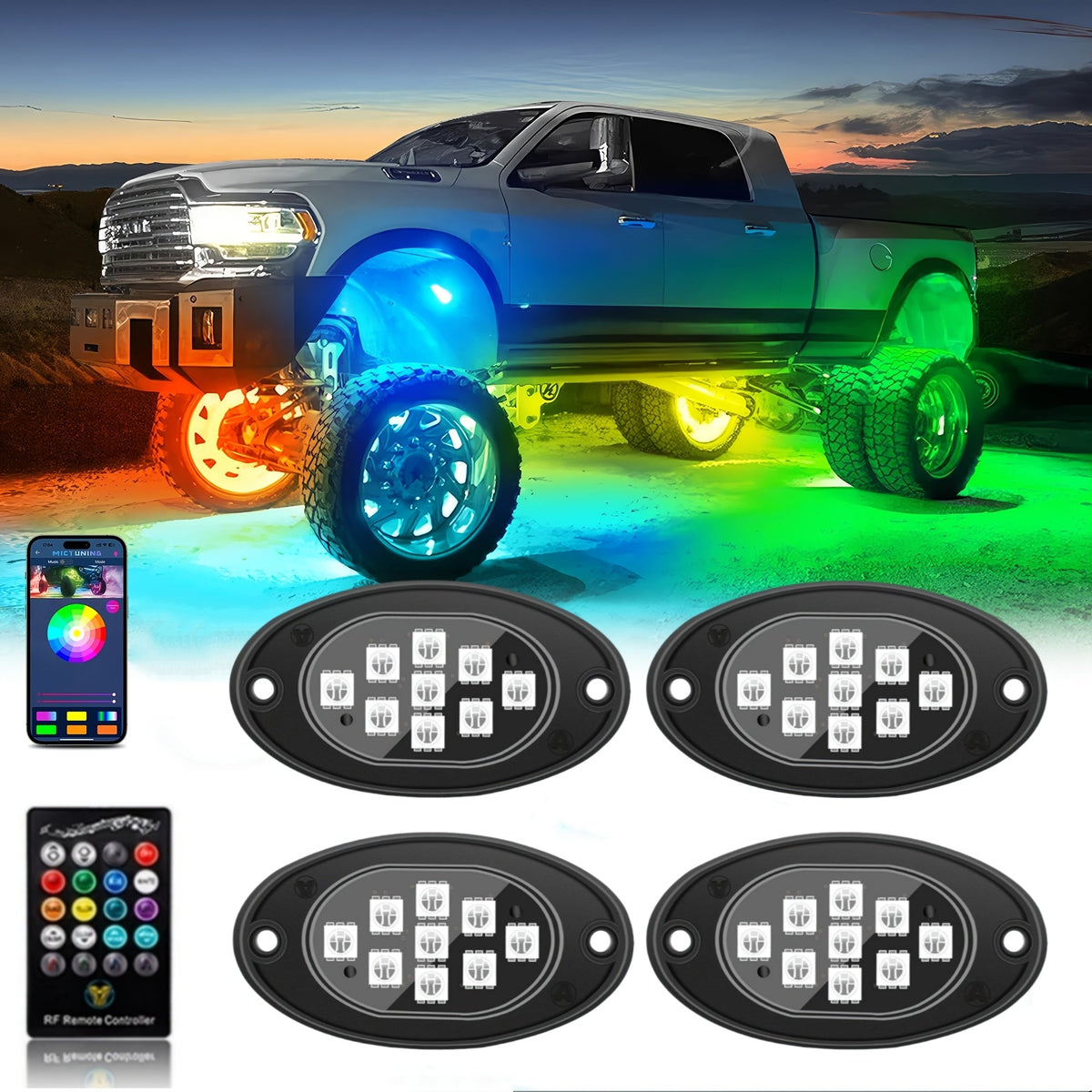 RGB LED Rock Lights Kit – App & Remote Control, Music Sync, 16M Colors for Truck ATV UTV SUV Off-Road Motorcycle, 4 or 10pcs