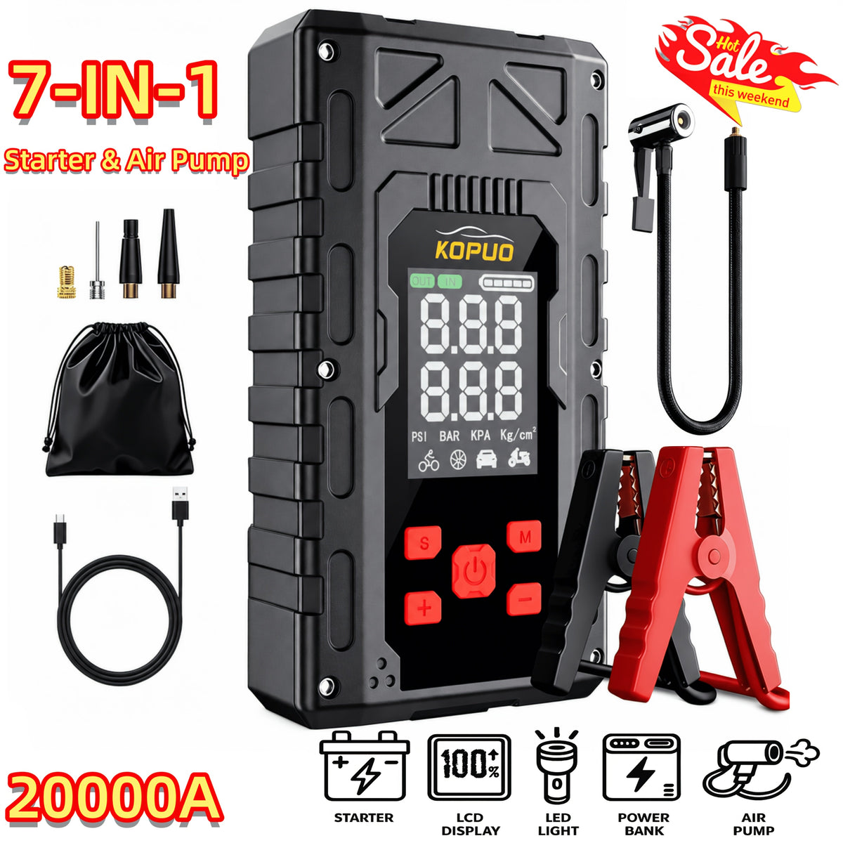 Portable Car Jump Starter 6000-20000A Peak – 7-in-1 with 150PSI Air Compressor, Power Bank, LED Light & Smart Clamp, 12V Battery Booster
