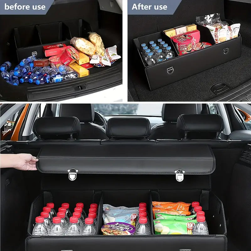 PU Leather Car Trunk Organizer – Foldable Multi-Compartment SUV Cargo Storage Box, Adjustable | 32L & 12.15gal