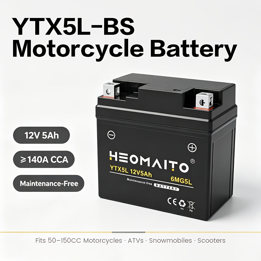 YTX5L-BS Motorcycle Battery AGM 12V 5Ah Maintenance-Free Sealed – Replacement for Honda Yamaha ATV Scooter Snowmobile CTX5L ETX5L