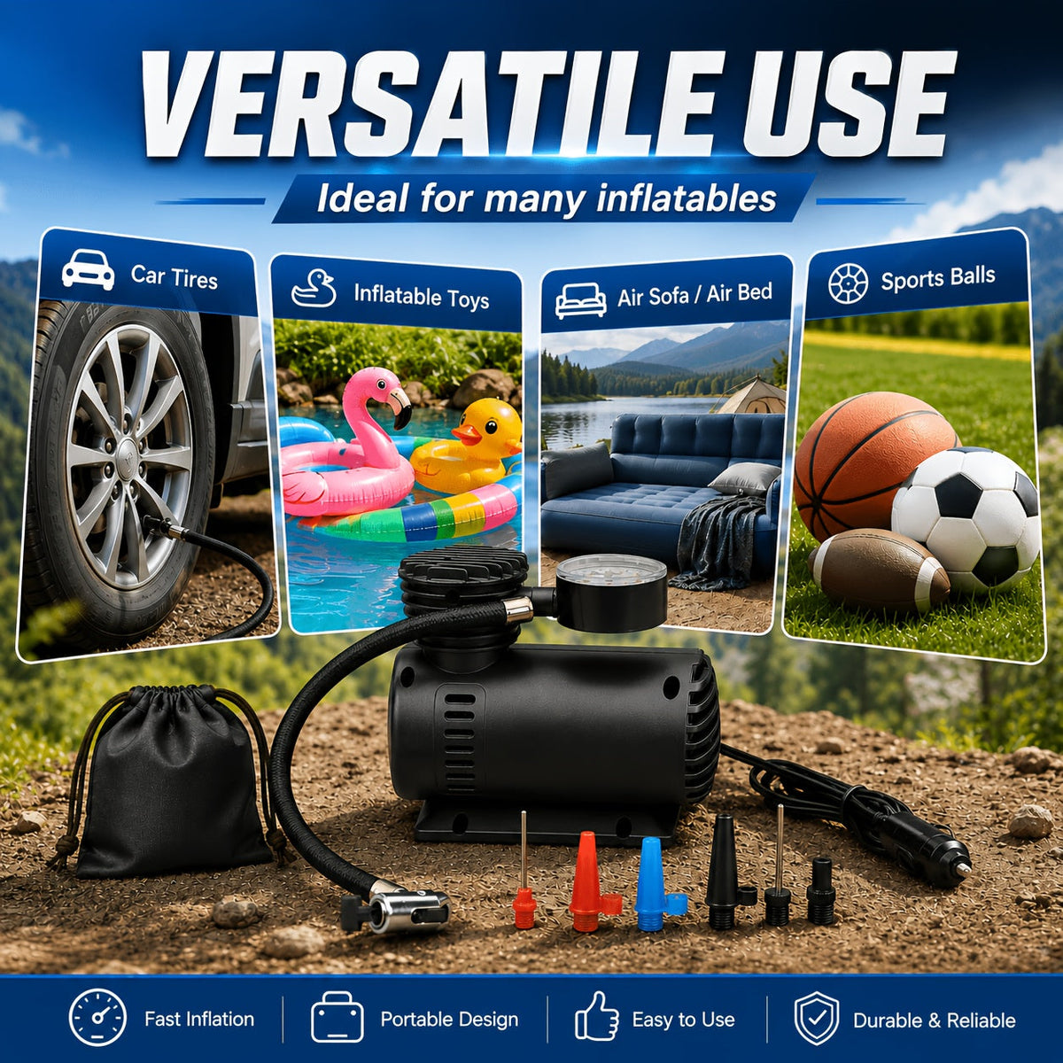 12V 300 PSI Air Compressor Pump – Portable Car Plug Tire Inflator for Car, Bike, Motorcycle & Ball, No Battery Needed