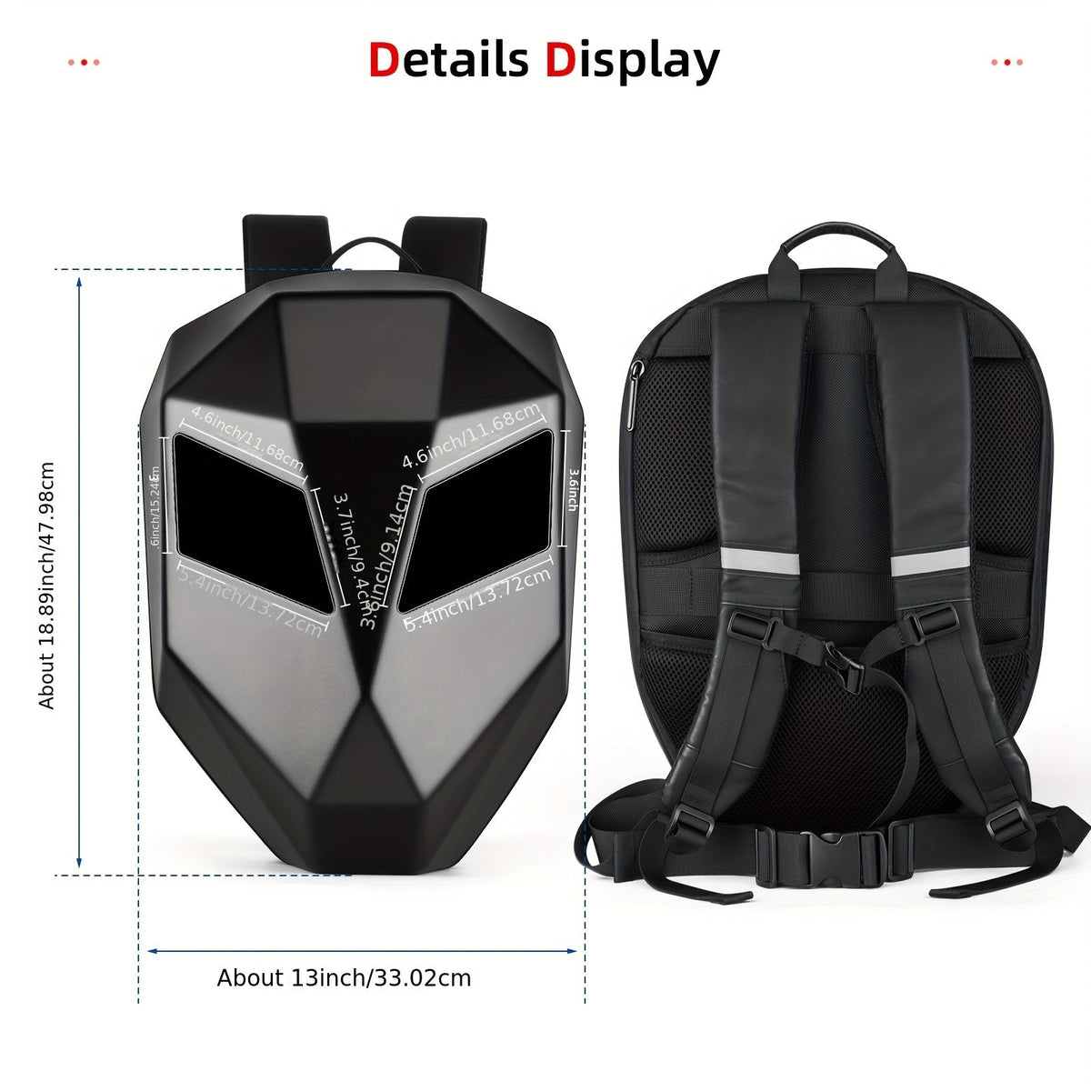 LED Motorcycle Backpack Smart Display – 48×48 Full-Color Dot Matrix, Hard Case Helmet Bag, USB-Powered, 19" Laptop Compartment for Riding Hiking Travel