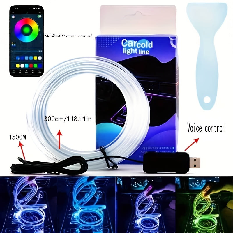 RGB Car Interior Ambient Light Kit - App & Voice Control, 8-Color LED Atmosphere Lighting for Dashboard Roof Console, USB Powered