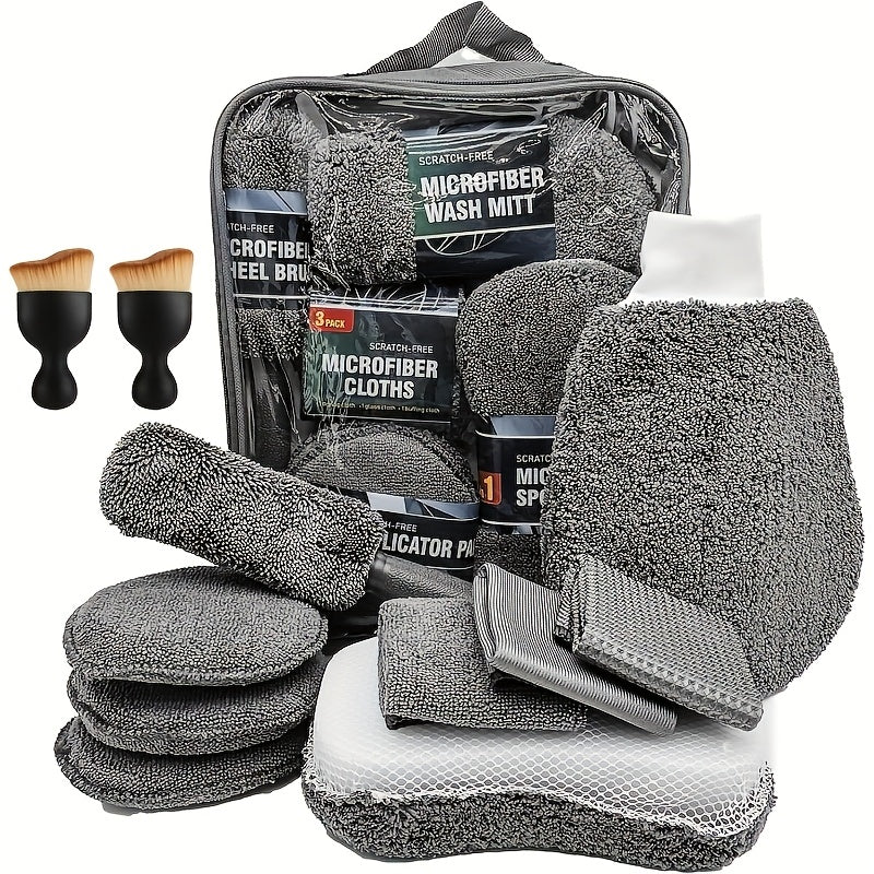 Car Cleaning Kit 11-Piece Interior and Exterior Detailing Set with Tire Brushes, Microfiber Gloves, Absorbent Pads & Detail Sponges, Complete Auto Wash Supplies for Cars Trucks SUVs