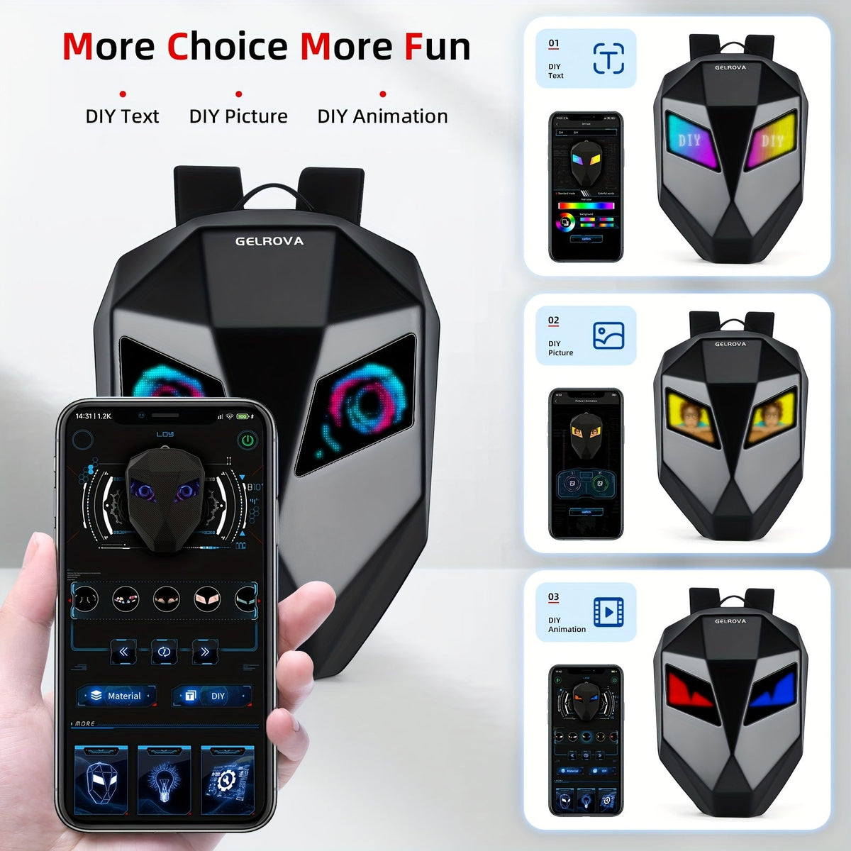 LED Motorcycle Backpack Smart Display – 48×48 Full-Color Dot Matrix, Hard Case Helmet Bag, USB-Powered, 19" Laptop Compartment for Riding Hiking Travel
