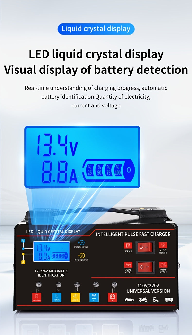 12V/24V Smart Universal Battery Charger – LCD Screen, Pulse Repair, Trickle Maintainer & Temperature Regulation for Car, Truck, Motorcycle, Boat & Lawn Mower Lead Acid Batteries