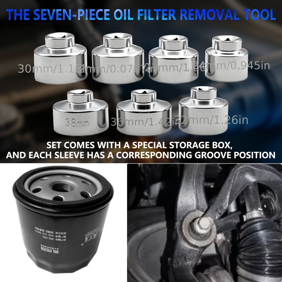 Oil Filter Socket Wrench Set 7-Piece – 24mm to 38mm CR-V Steel, 3/8" Drive Hex Cap Wrench Kit for Oil Changes, Universal Fit