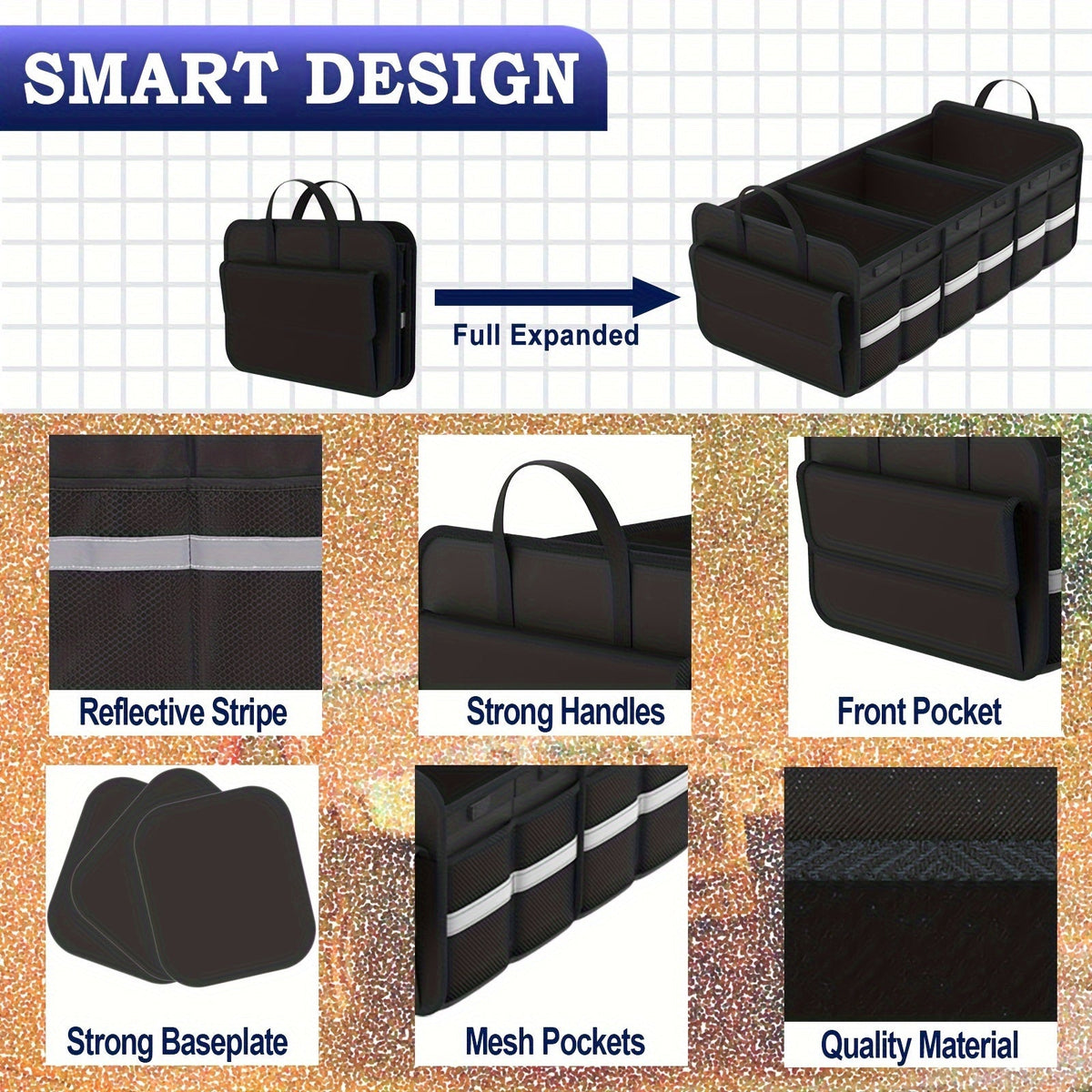 Car Trunk Organizer for SUV – Collapsible Large Cargo Storage Box with Non-Slip Bottom & Multi-Compartment