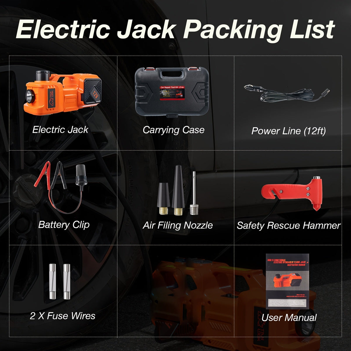 5 Ton Electric Hydraulic Car Jack with Built-in Air Pump, Portable Car Lift for SUV MPV Truck, Electric Impact Wrench Combo for Tire Change & Emergency Roadside Repair