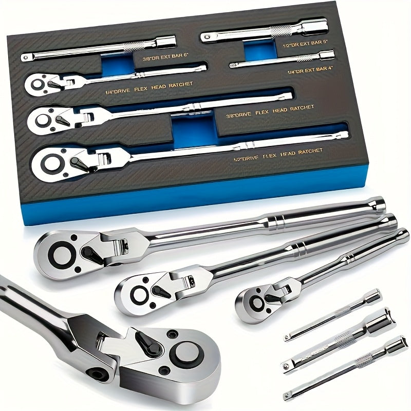 Flexible Ratchet Wrench Set 1/4" 3/8" 1/2" Drive, 72-Tooth Twist Head Ratchet with Extension Bar, 180° Adjustable Quick Release, EVA Foam Case, 3pcs/6pcs