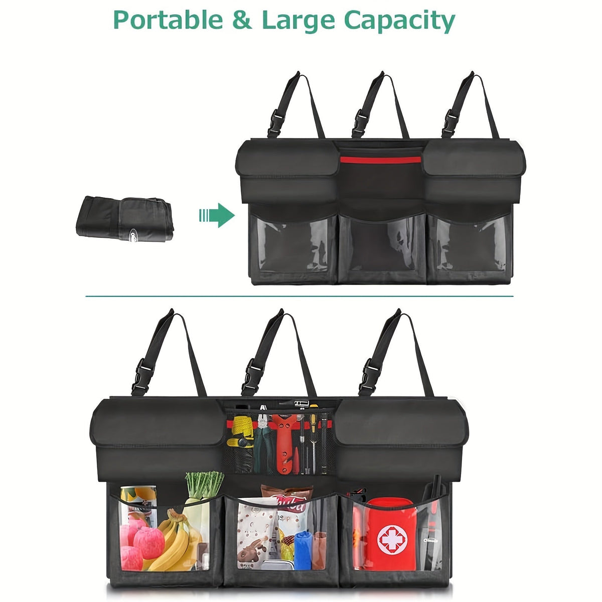 Car Trunk Organizer Bag Suspended 6 Pockets - Foldable Rear Seat Cargo Storage, 3 Adjustable Straps, Clear PVC & Mesh Pockets, 40x19 Inches, Black