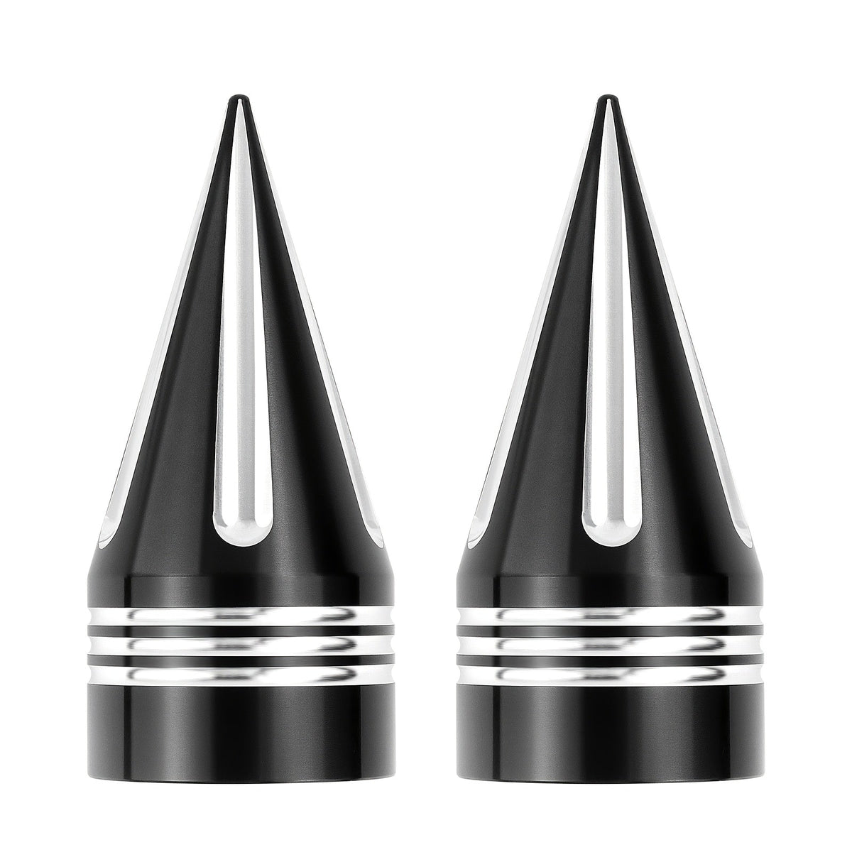 Harley Front Axle Nut Covers CNC Spike Caps 3.6" – Bolt-On Pair for Touring Street Glide Road King Electra Glide Tri Glide 2008+ | Black & Silver