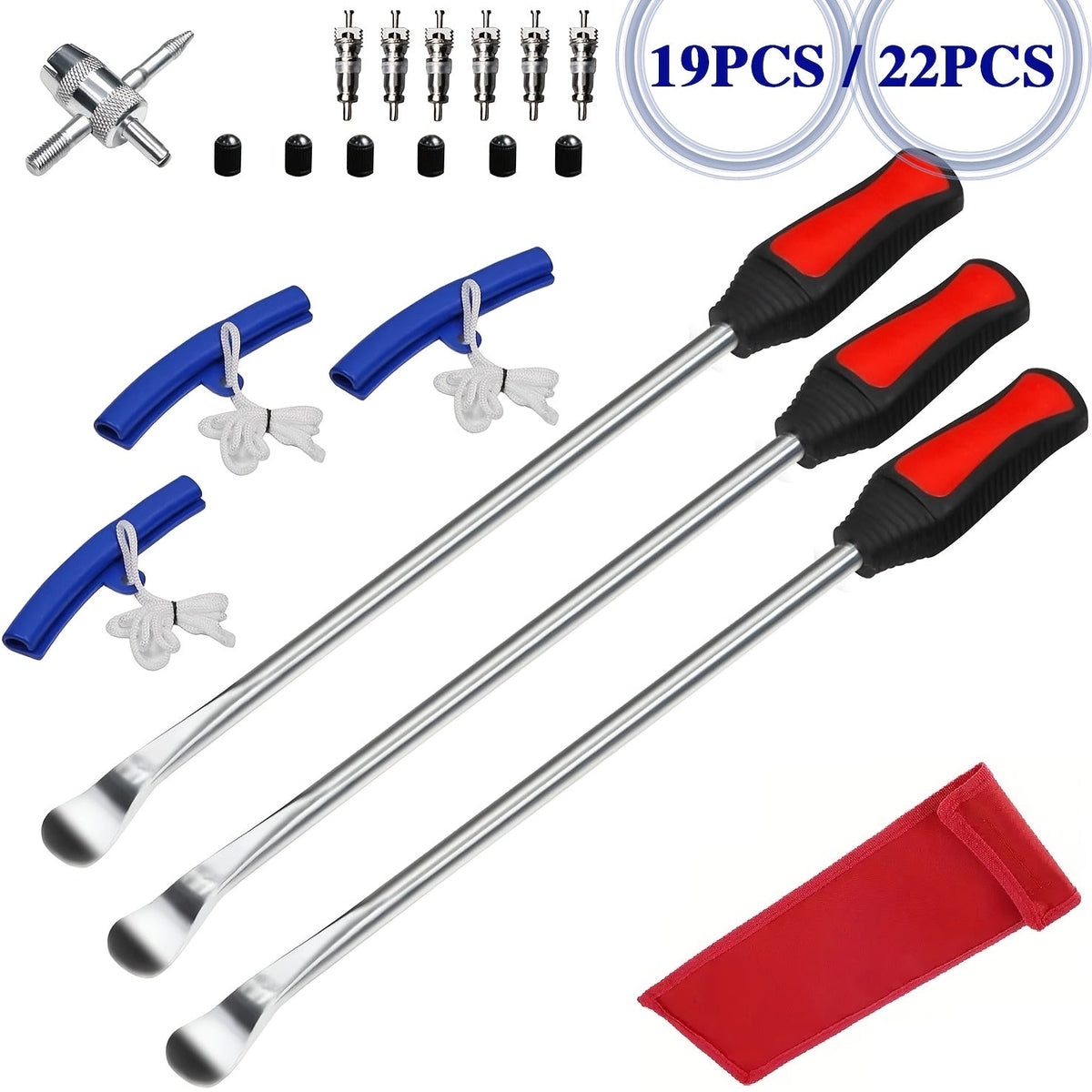 Motorcycle Tire Lever Set with Rim Protector & Valve Tool for Motorcycle ATV Lawn Mower – 19-Piece 14.5" or 22-Piece 11.5" Tire Change Kit
