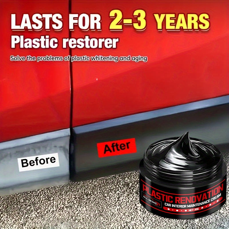 Plastic Restorer Paste 30g – Black Interior Trim Polish, Anti-Aging Refurbishment Cream for Car Plastic, Leather & Tire Shine with Sponge