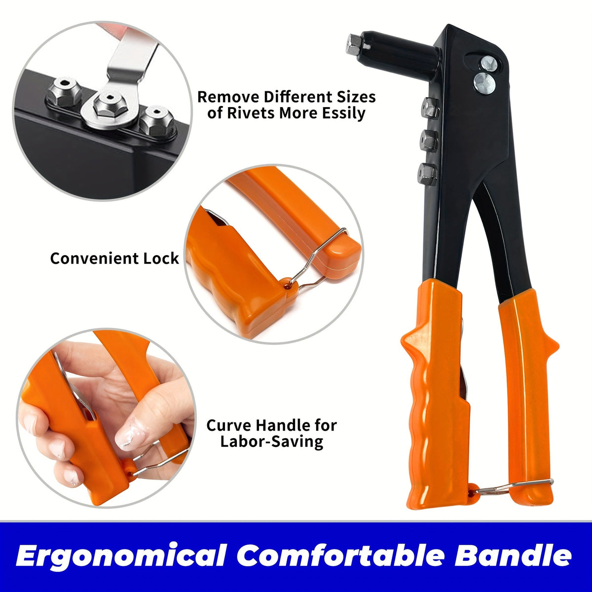 Hand Riveter Gun Kit 4-in-1, 201Pcs with 200 Pop Rivets, 4 Interchangeable Nosepieces 3/32 1/8 5/32 3/16, Heavy Duty Metal Rivet Tool for Automotive Sheet Metal Repair