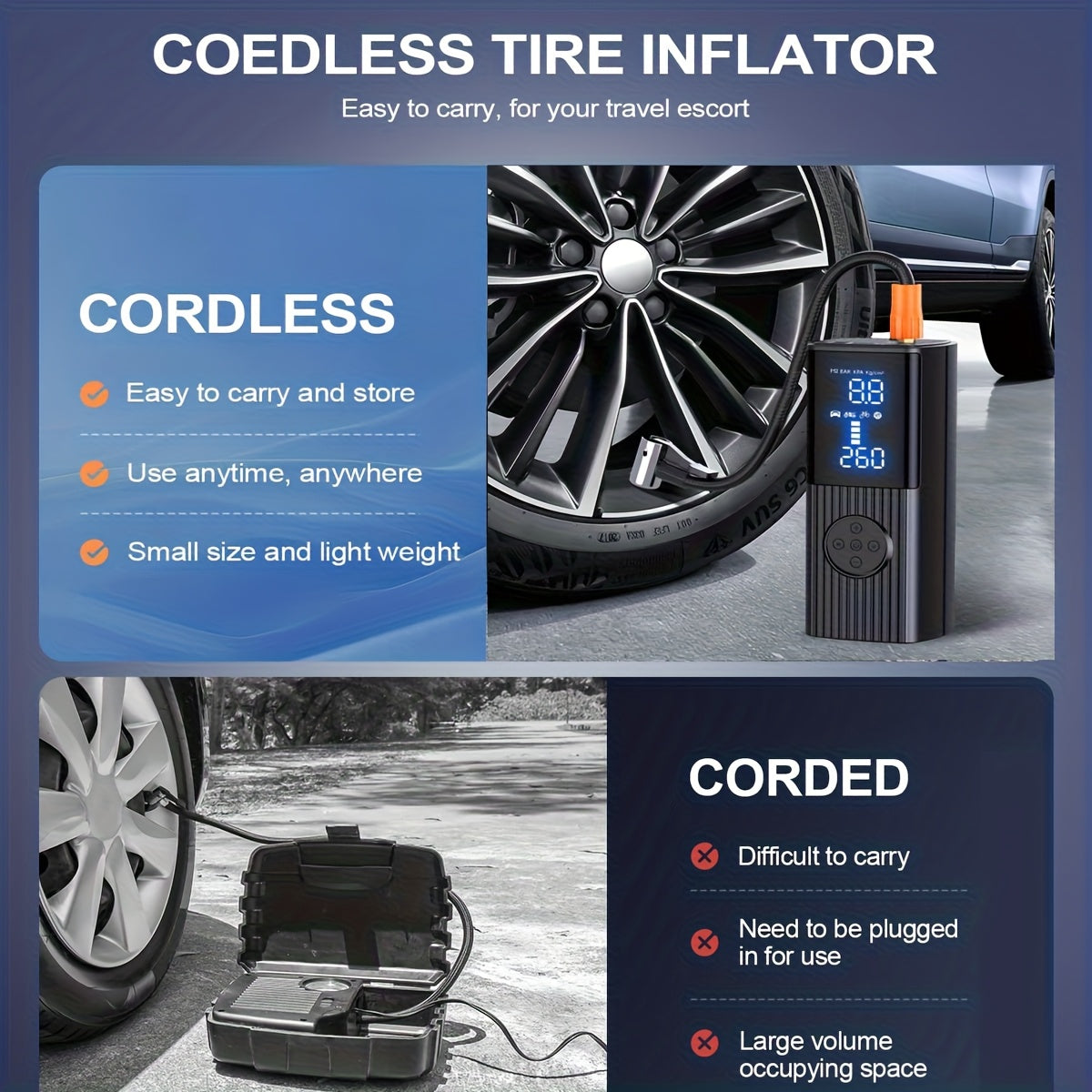 Portable Tire Inflator 210 PSI – Cordless Digital Air Pump with LED Light, 22 Cylinders, Rechargeable Battery for Car, Motorcycle, Bicycle & Ball