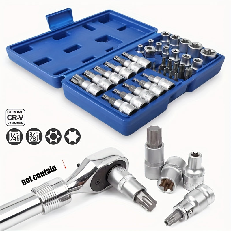 Torx Socket Set 34-Piece – Torx Bit Sockets & E-Torx Sockets for 1/4", 3/8" & 1/2" Drive, Male & Female Security Bits, Universal Fit