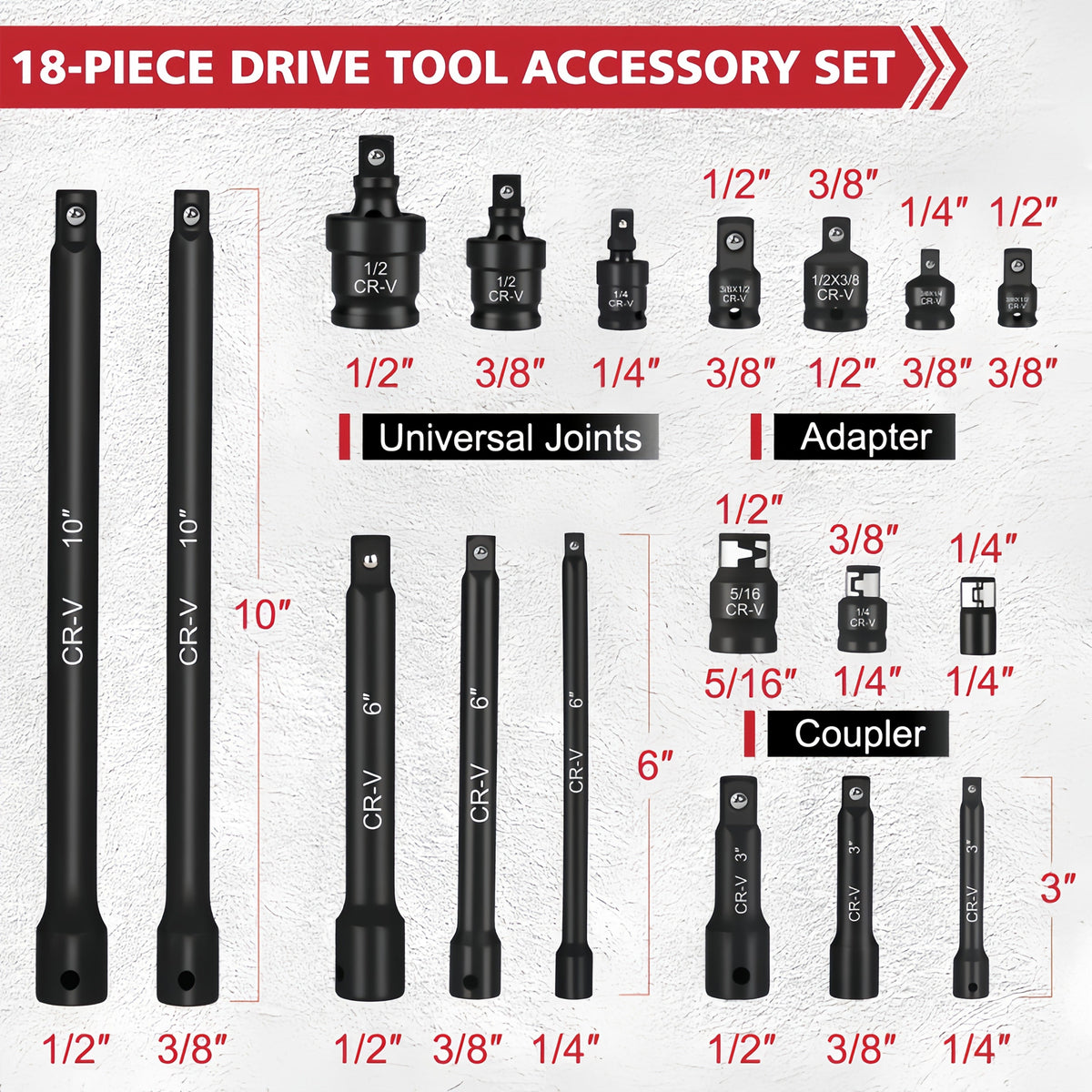18-Piece Socket Extension Bar Set – CR-V Steel, 1/4" 3/8" 1/2" Drive, Adapters & Impact Bit Connectors