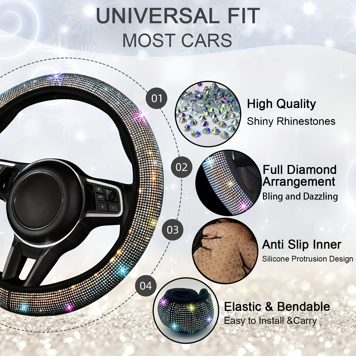 Bling Car Accessories Set for Women – 8pcs Rhinestone Steering Wheel Cover, Cup Coasters, Seat Belt Shoulder Pads, Starter Rings & Gear Shift Cover