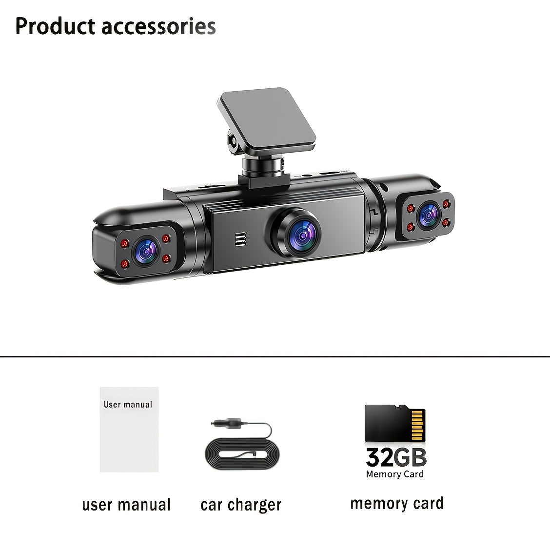 Dash Cam 360° Panoramic 3/4 Lens – 1080P HD Front + 720P Rear Left Right, Quad-Split Screen, Night Vision, G-Sensor, Loop Recording, WDR Car Camera