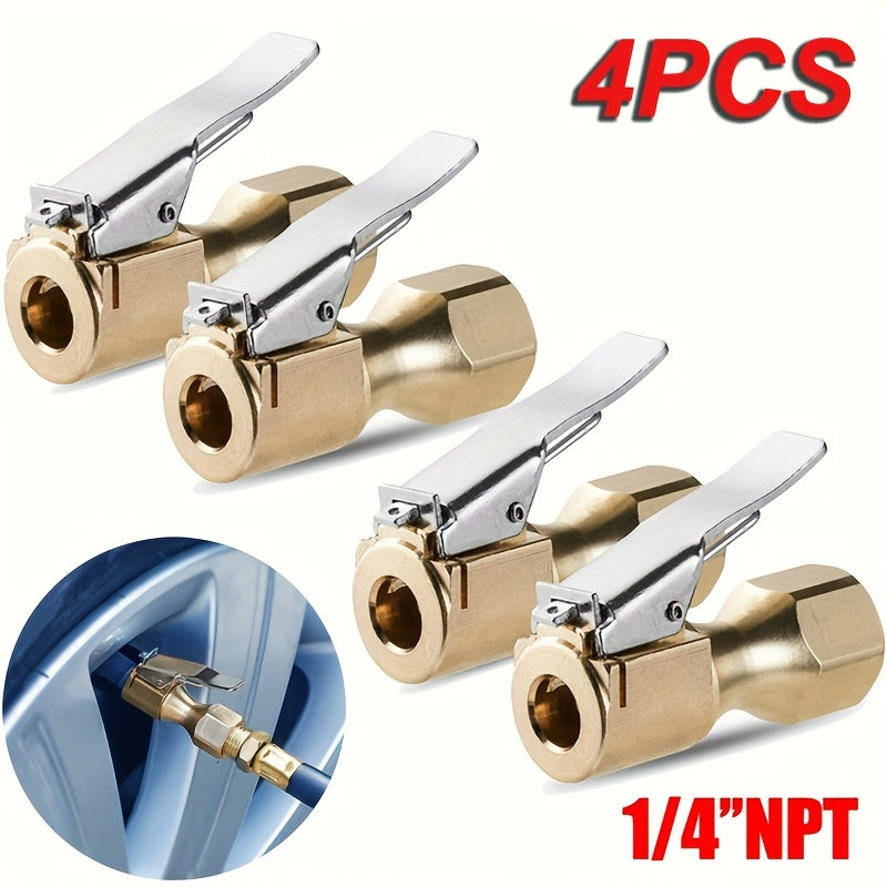Brass Air Chuck 4-Pack Lock-On with Clip – Closed Flow Universal Tire Valve Chuck for Inflator Gauge & Air Compressor, Heavy Duty Metal