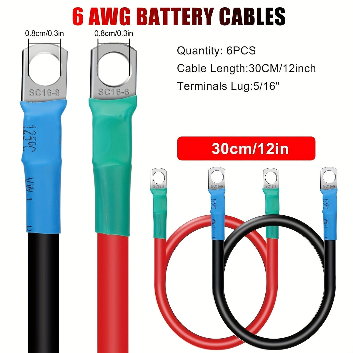 6AWG Battery Cables 6pcs 12-Inch – Pure Copper Inverter Cable Set with 5/16" Tinned Copper Lugs, Red & Black, for Car, Truck, Boat & Solar