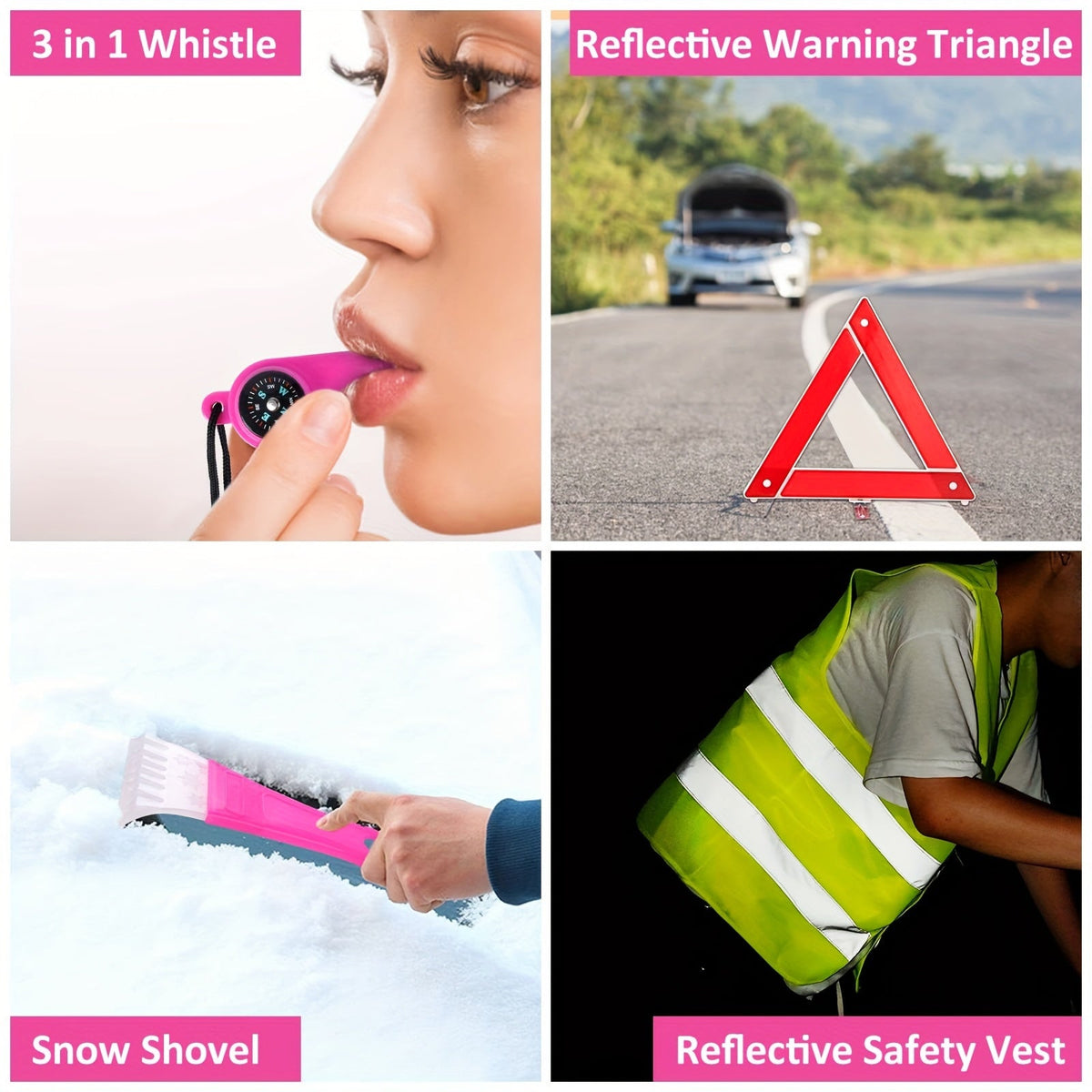 Roadside Emergency Kit Pink – Jumper Cables, Auto Tool Set & Deer Whistles, Winter Car Safety Kit for Women, Compact & Complete