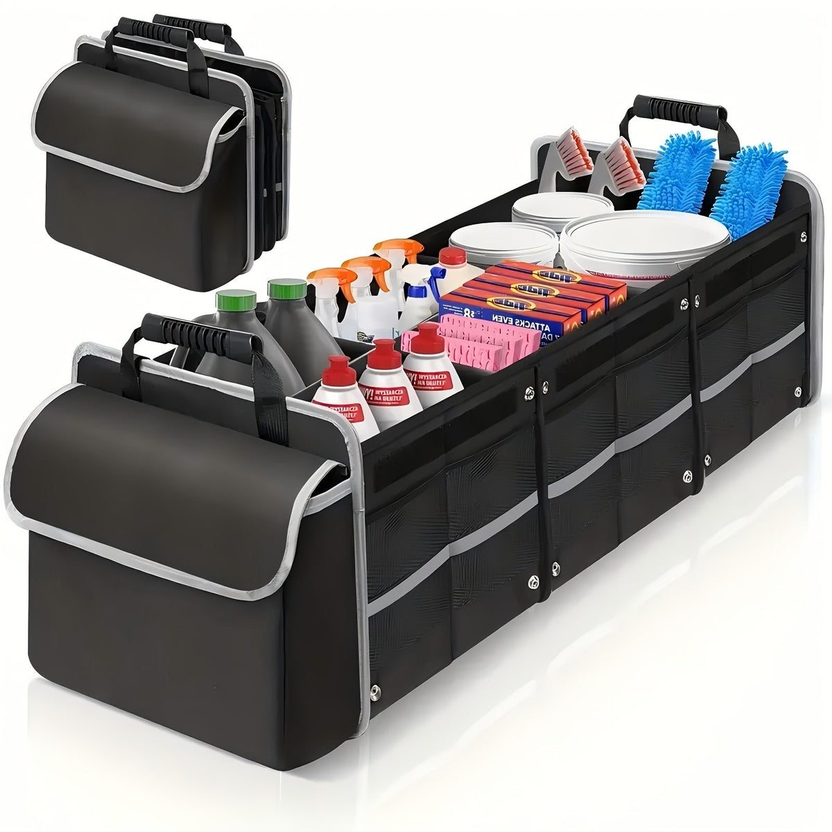 Insulated Car Trunk Organizer with Cooler Bag – Heavy-Duty Foldable 3-Compartment Storage with Lid, Leakproof Lining & Adjustable Dividers for Car Truck SUV