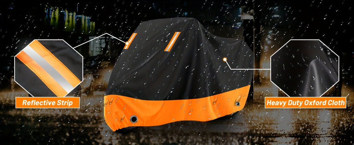 Motorcycle Cover Waterproof 210D Oxford Cloth - All-Weather UV & Dust Protection, Reflective Strips, Fits Harley Honda Suzuki & More, Black Orange, M XL XXL XXXL