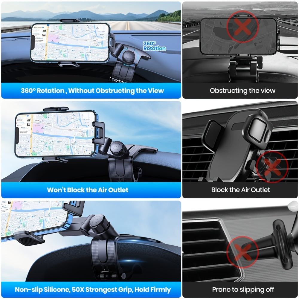 Car Phone Holder Mount, 360° Adjustable Dashboard Cell Phone Mount with Anti-Slip Silicone Clip, Multi-Angle Stable Automotive Smartphone Cradle for All Phones