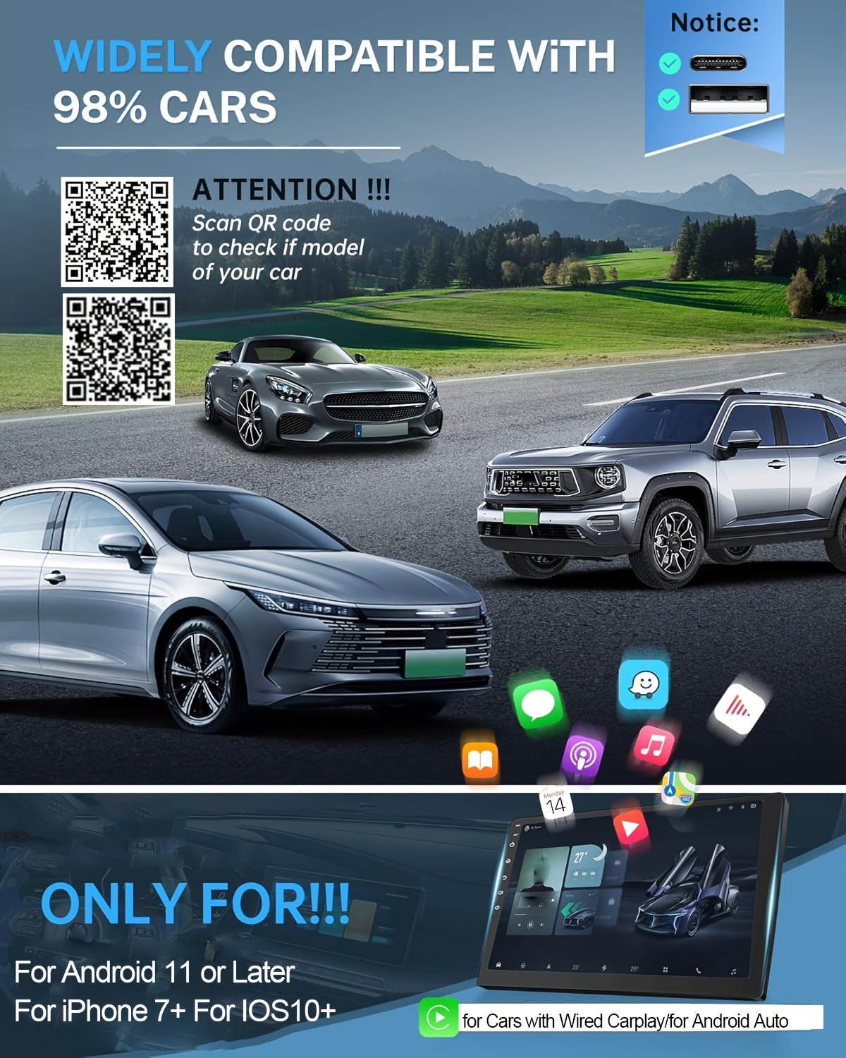 Wireless CarPlay Adapter 2-in-1 – Wired to Wireless CarPlay & Android Auto, Mini USB + Type-C, Fast Stable Connection | iOS 10+ & Android 11+