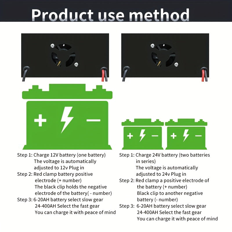 12V/24V Smart Universal Battery Charger – LCD Screen, Pulse Repair, Trickle Maintainer & Temperature Regulation for Car, Truck, Motorcycle, Boat & Lawn Mower Lead Acid Batteries