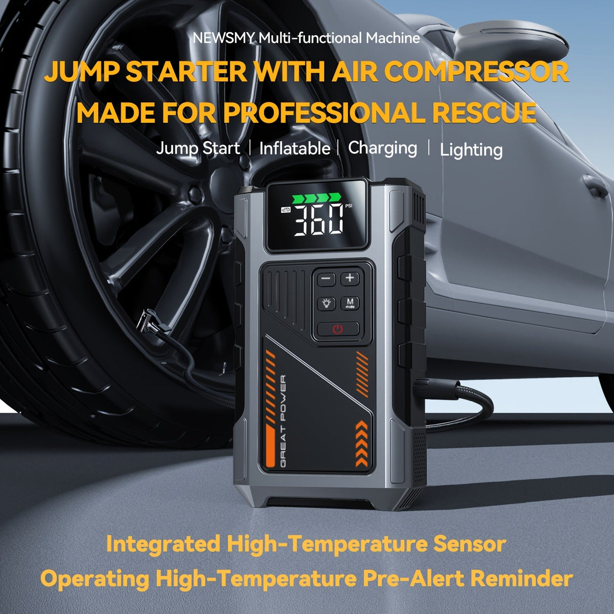 Car Jump Starter with Air Compressor 5000A Peak – 150 PSI Tire Inflator, 12V Battery Booster Pack, 5-in-1 Portable Jump Starter for Gas 8.0L / Diesel 6.5L, Smart Clamp Cables