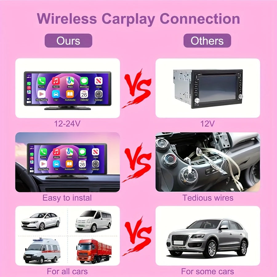 Wireless CarPlay Screen 10.26 Inch Portable Car Stereo, Touchscreen Display with Android Auto, 720P HD Backup Camera, Dash Cam & GPS Navigation, Universal Dashboard Car Radio for Trucks RVs