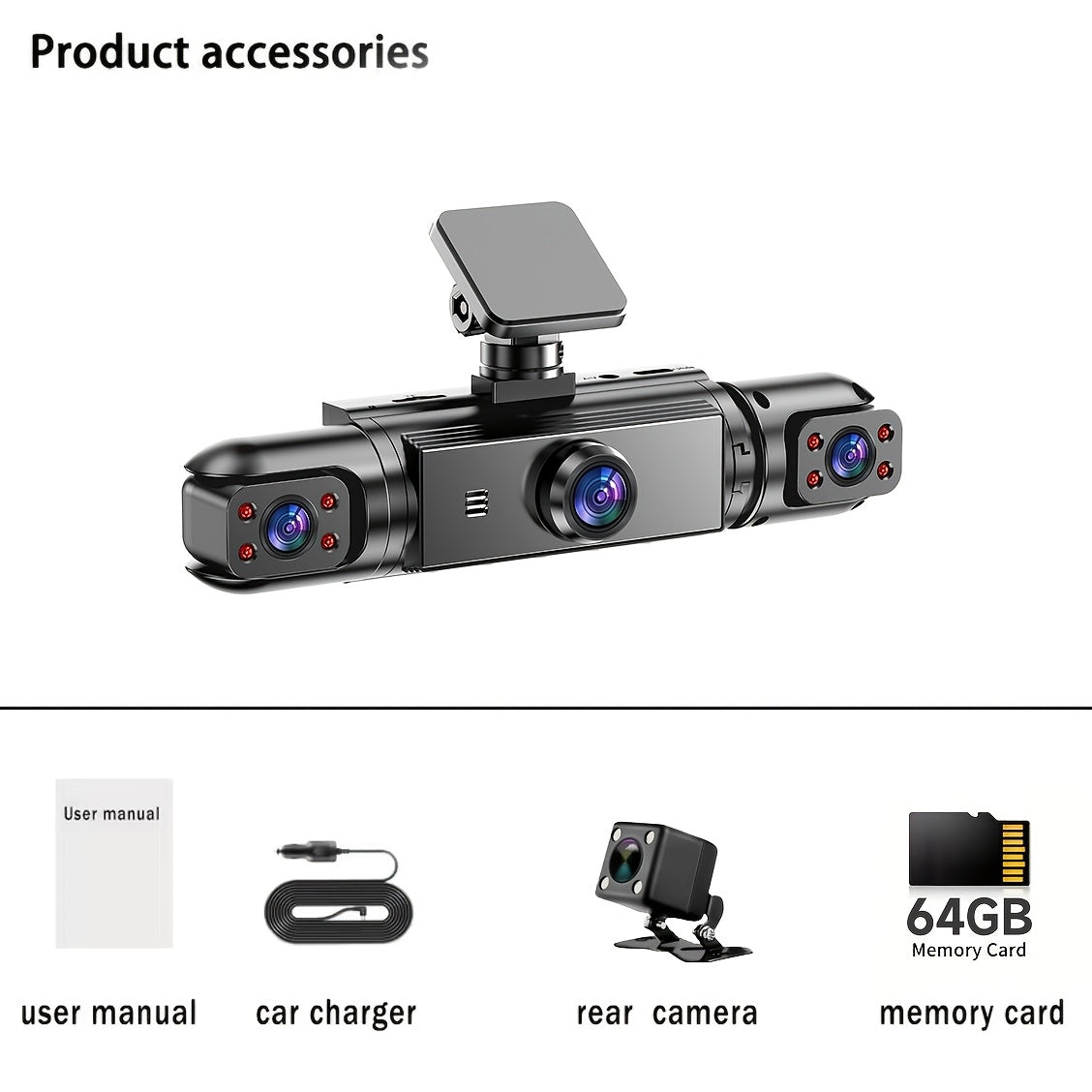 Dash Cam 360° Panoramic 3/4 Lens – 1080P HD Front + 720P Rear Left Right, Quad-Split Screen, Night Vision, G-Sensor, Loop Recording, WDR Car Camera