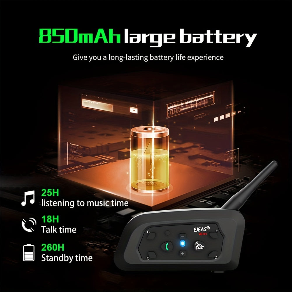 EJEAS V6 PRO+ Motorcycle Helmet Intercom 2-Pack – Bluetooth 5.0, 800M Range, 6-Rider Group, Type-C Charging