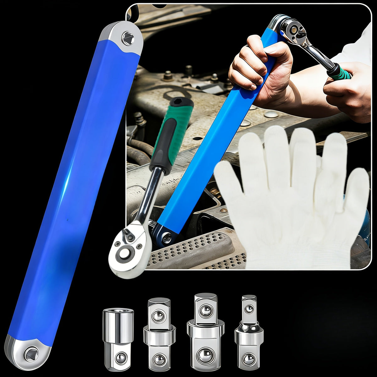 Zero Offset Extension Wrench Set 15 Inch Impact-Ready with 3/8 Ratchet & 1/2 1/4 3/8 Square Drive Adapters for Tight Spaces & Auto Repair