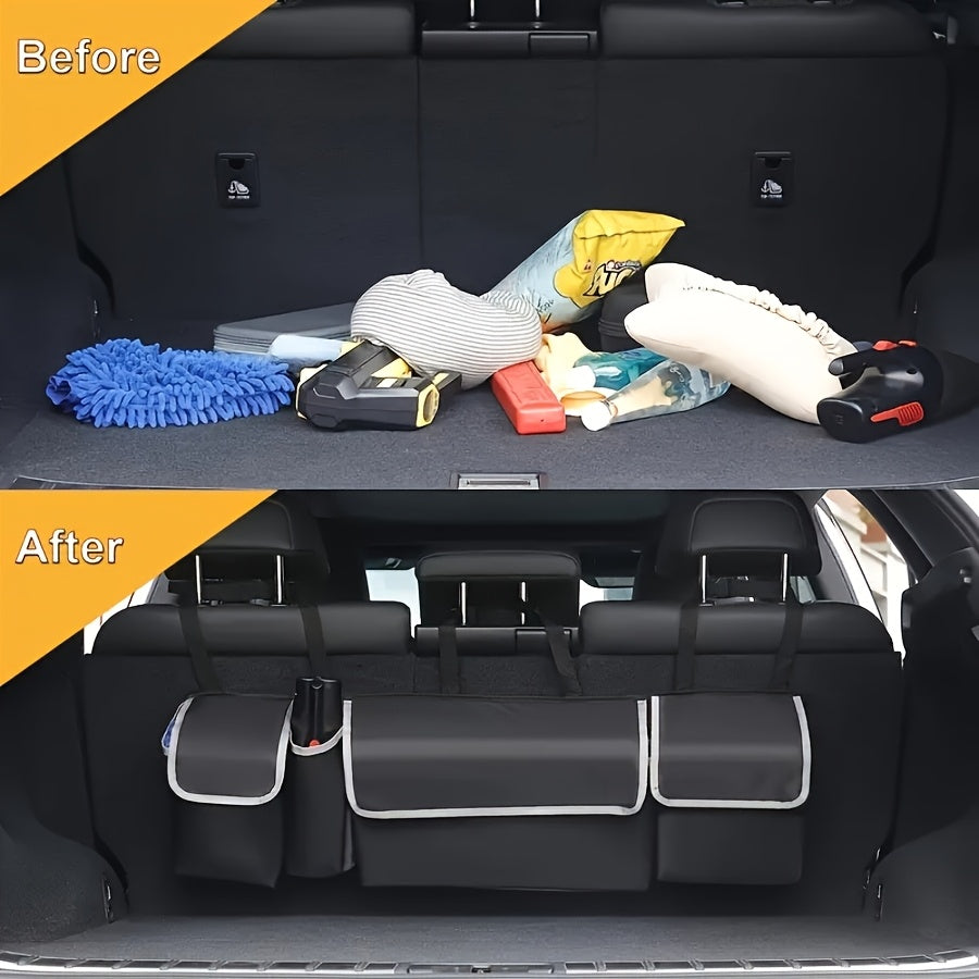 Car Trunk Organizer Foldable – 4-Pocket Rear Seat Hanging Storage Bag for SUV Truck MPV Jeep | Cargo Purse Holder Universal Fit Black