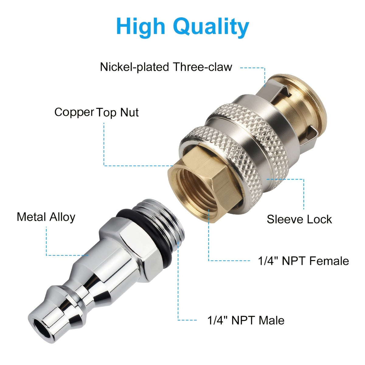 Brass Tire Valve Adapter 2Pc – Closed Flow Quick-Connect, 1/4" NPT Female Thread, 250 PSI, Fits Car Truck Bicycle Air Compressor Inflator