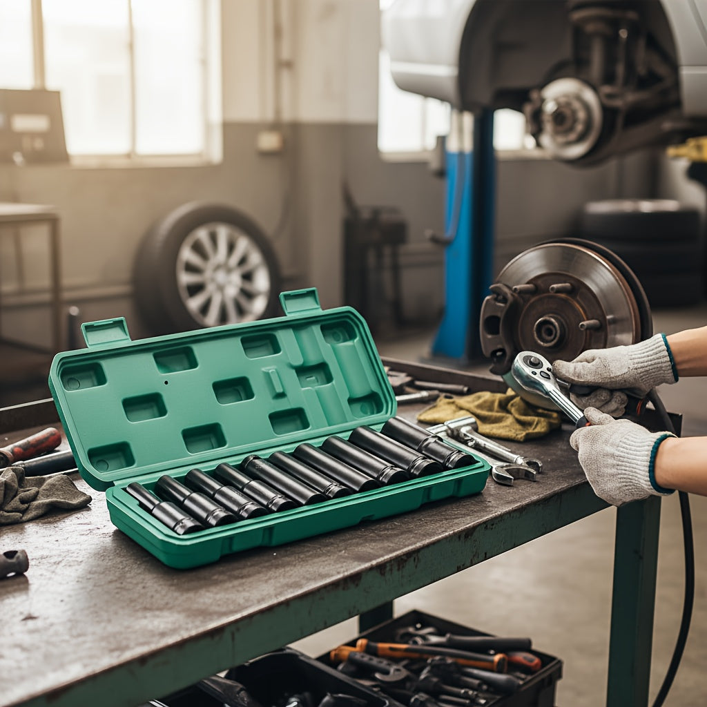 1/2 Inch Drive Deep Impact Socket Set – Chrome-Molybdenum Steel, Works with Electric & Pneumatic Drills, Tire Removal & Auto Repair, Storage Case Included (Black / Upgrade Green)