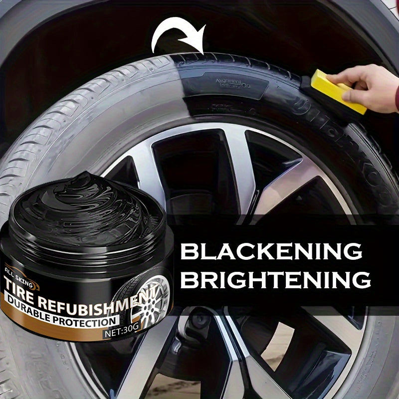 Tire Blackening Wax 30g + Sponge – Long-Lasting Shine, Scratch Concealment & Wheel Restoration for Car Bike Motorcycle | Deep Black Polish