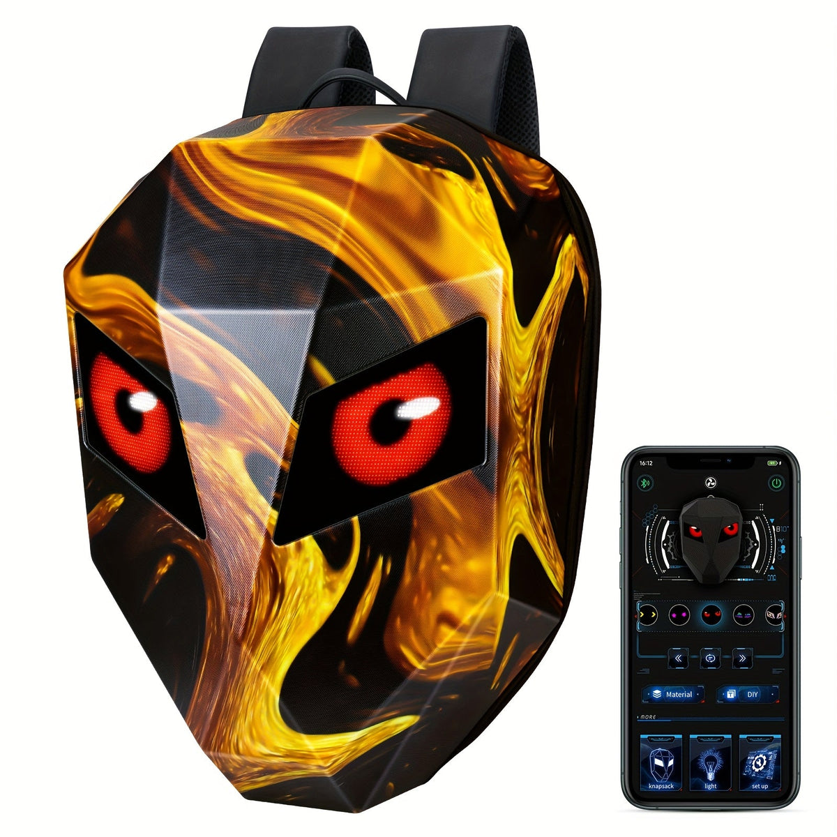 LED Motorcycle Backpack Smart Display – 48×48 Full-Color Dot Matrix, Hard Case Helmet Bag, USB-Powered, 19" Laptop Compartment for Riding Hiking Travel
